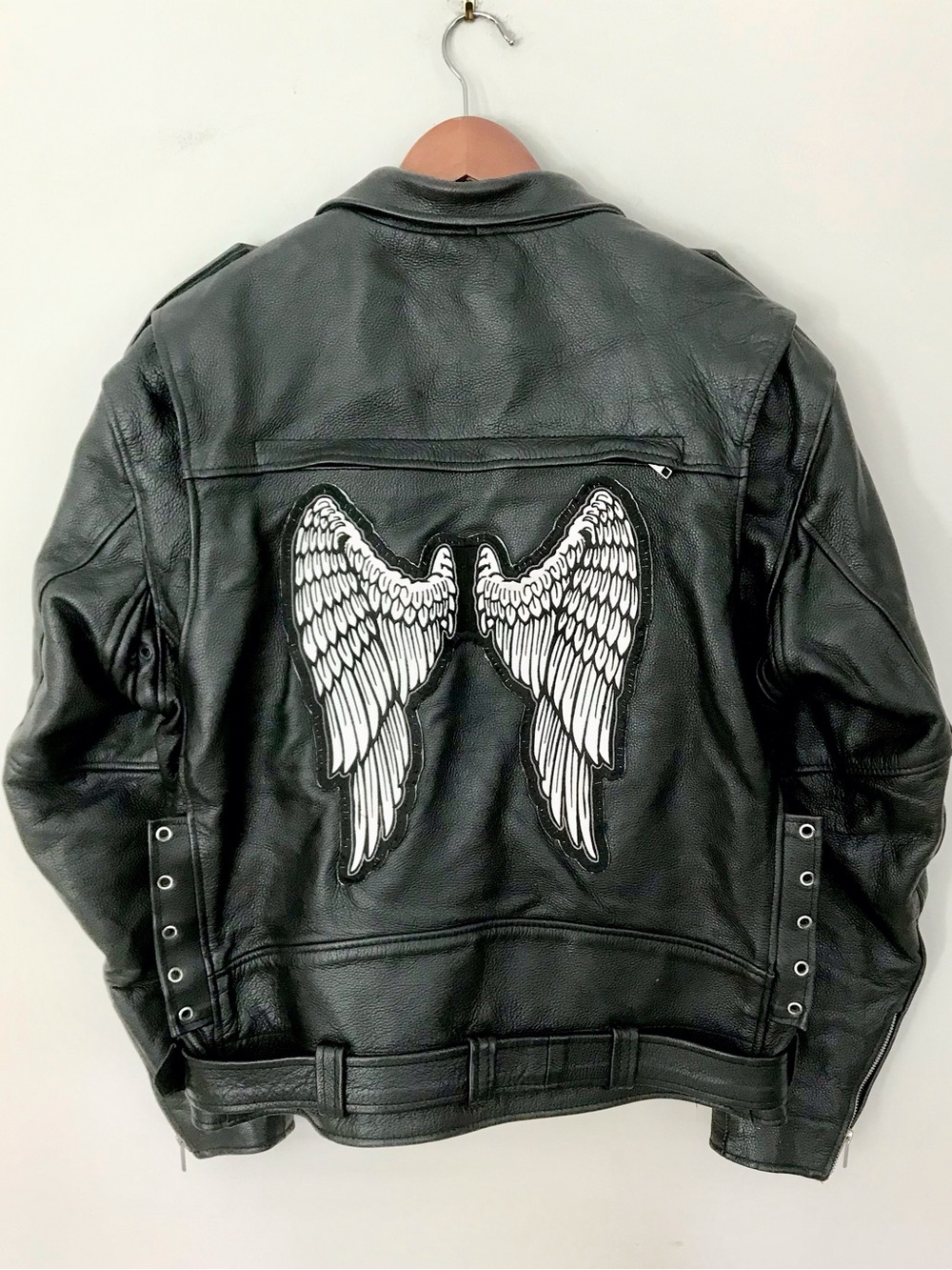 Heavyweight Leather King Moto Jacket with White Angel Wings -